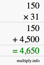 How to calculate 150 times 31 using long multiplication How to calculate 150 times 31 using long multiplication
