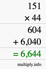 How to calculate 151 times 44 using long multiplication