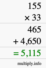 How to calculate 155 times 33 using long multiplication