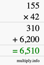 How to calculate 155 times 42 using long multiplication