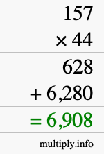 How to calculate 157 times 44 using long multiplication