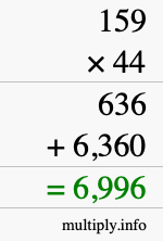 How to calculate 159 times 44 using long multiplication