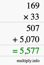 How to calculate 169 times 33 using long multiplication