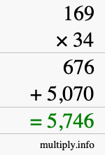 How to calculate 169 times 34 using long multiplication