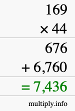 How to calculate 169 times 44 using long multiplication