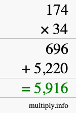 How to calculate 174 times 34 using long multiplication