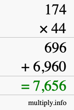 How to calculate 174 times 44 using long multiplication