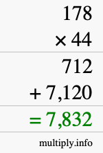 How to calculate 178 times 44 using long multiplication