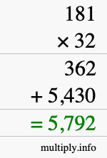 How to calculate 181 times 32 using long multiplication