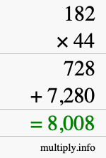 How to calculate 182 times 44 using long multiplication