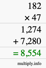 How to calculate 182 times 47 using long multiplication