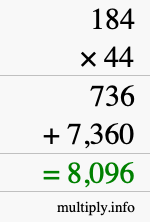 How to calculate 184 times 44 using long multiplication