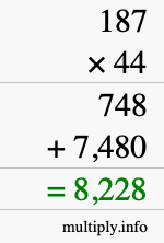 How to calculate 187 times 44 using long multiplication