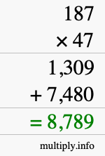 How to calculate 187 times 47 using long multiplication