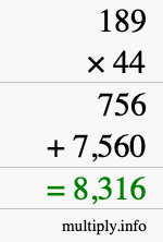 How to calculate 189 times 44 using long multiplication