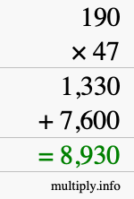 How to calculate 190 times 47 using long multiplication