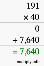 How to calculate 191 times 40 using long multiplication