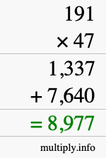 How to calculate 191 times 47 using long multiplication