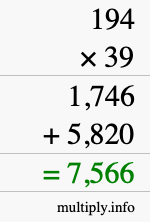 How to calculate 194 times 39 using long multiplication
