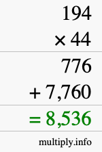 How to calculate 194 times 44 using long multiplication