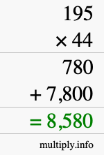 How to calculate 195 times 44 using long multiplication