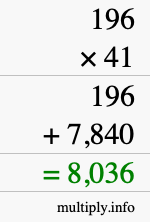 How to calculate 196 times 41 using long multiplication