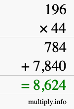 How to calculate 196 times 44 using long multiplication