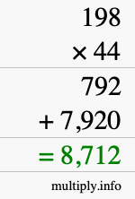 How to calculate 198 times 44 using long multiplication