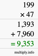 How to calculate 199 times 47 using long multiplication