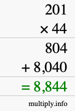How to calculate 201 times 44 using long multiplication