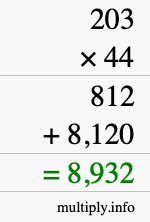 How to calculate 203 times 44 using long multiplication
