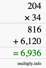 How to calculate 204 times 34 using long multiplication