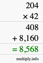 How to calculate 204 times 42 using long multiplication
