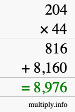 How to calculate 204 times 44 using long multiplication