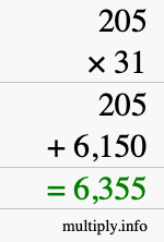 How to calculate 205 times 31 using long multiplication How to calculate 205 times 31 using long multiplication