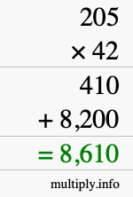 How to calculate 205 times 42 using long multiplication