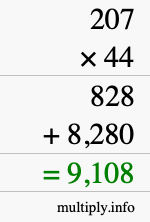 How to calculate 207 times 44 using long multiplication