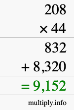 How to calculate 208 times 44 using long multiplication