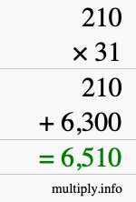 How to calculate 210 times 31 using long multiplication