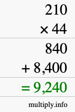 How to calculate 210 times 44 using long multiplication