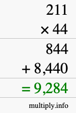 How to calculate 211 times 44 using long multiplication