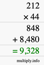 How to calculate 212 times 44 using long multiplication