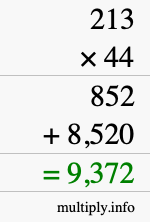 How to calculate 213 times 44 using long multiplication