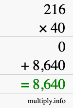 How to calculate 216 times 40 using long multiplication How to calculate 216 times 40 using long multiplication