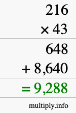 How to calculate 216 times 43 using long multiplication
