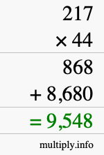 How to calculate 217 times 44 using long multiplication