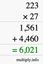 How to calculate 223 times 27 using long multiplication