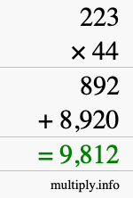 How to calculate 223 times 44 using long multiplication