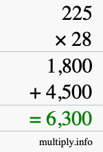 How to calculate 225 times 28 using long multiplication How to calculate 225 times 28 using long multiplication