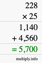 How to calculate 228 times 25 using long multiplication